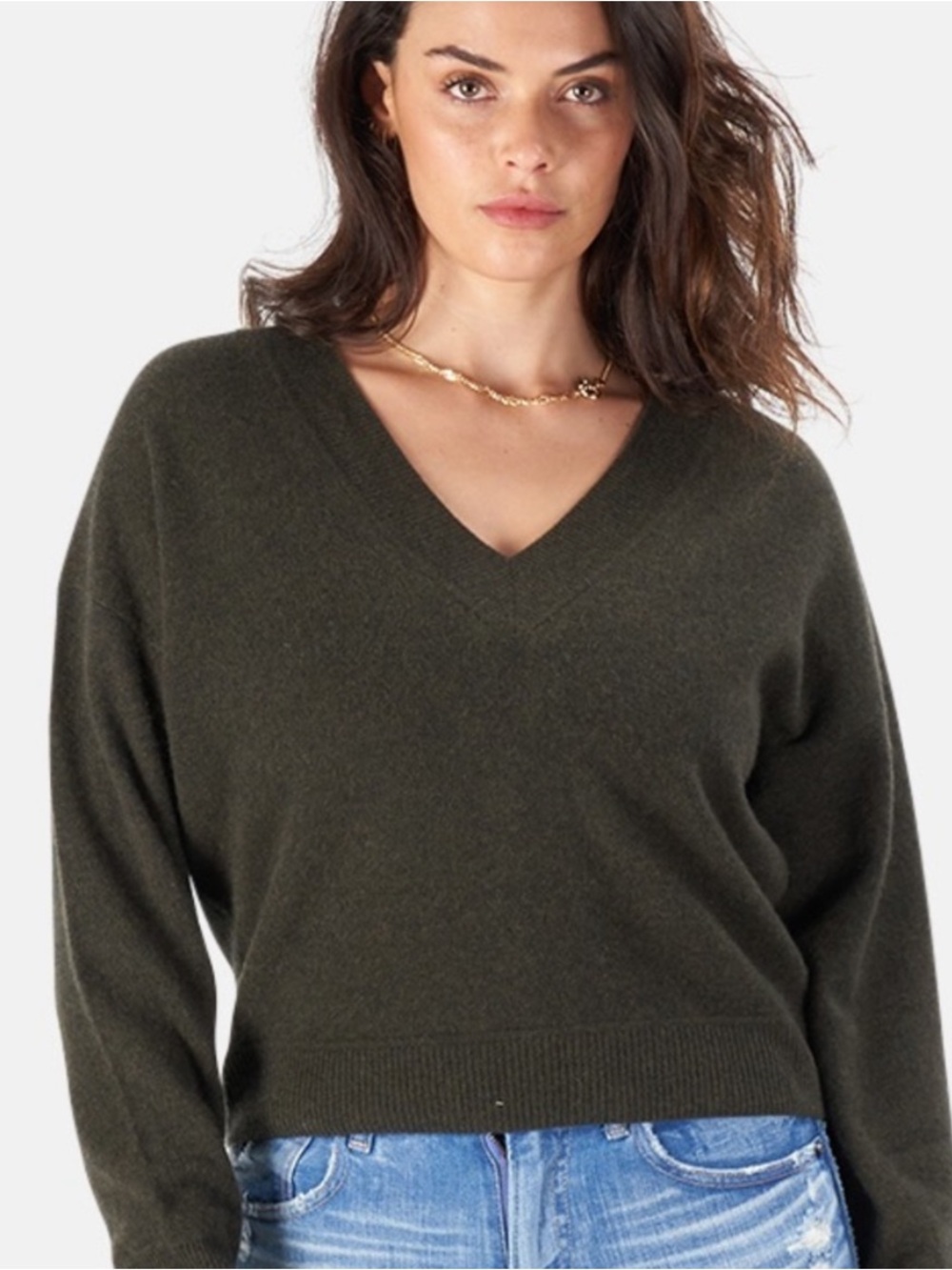 Naadam Deep V-Neck Cashmere Sweater in Moss Green